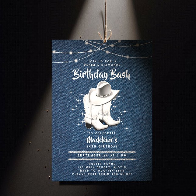 Denim Diamond Cowgirl Hat stimuliert Chic 50. Gebu Einladung (denim diamonds 50th birthday invitation for women elegant classy rhinestone cowgirl boots hat)