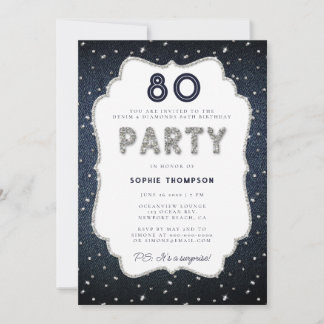 Denim Diamond Glitzer Frame 80. Geburtstagsparty Einladung