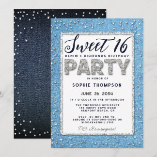 Denim Diamond Glitzer Frame Sweet 16 Party Girly Einladung