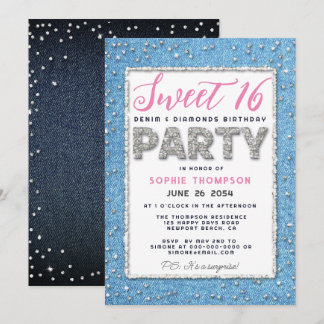 Denim Diamond Glitzer Rahmen Sweet 16 Party Pink Einladung