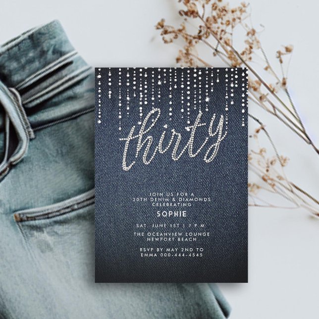 Denim Diamond Glitzer Tropfen Moderne 30. Geburtst Einladung (denim diamonds 30th birthday for women invitation glitter drippings drips modern calligraphy simple)