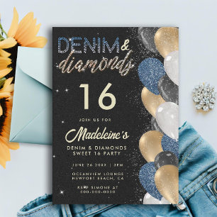 Denim Diamonds Balloons Arch Sweet 16 Geburtstag Einladung