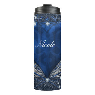 Denim & Diamonds Blaues Ornamental Glam Herz Thermosbecher