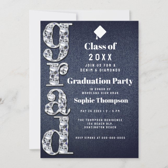 Denim Diamonds Bling 2023 Chic Graduation Party Einladung (Vorderseite)