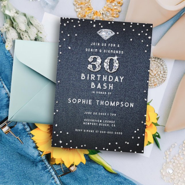 Denim Diamonds Bling 30. Geburtstag Party Einladung (denim and diamonds 30th birthday party invitation for women elegant modern simple classy minimalist)