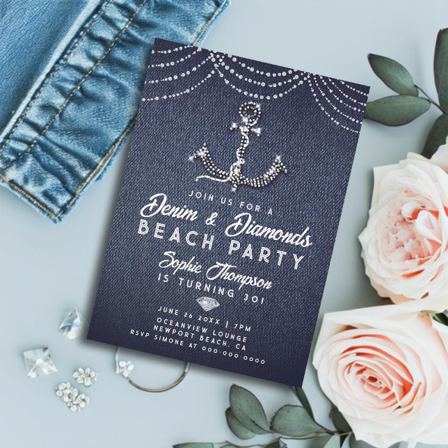 Denim Diamonds Bling Anchor Beach Birthday Party Einladung (denim and diamonds 30th birthday party invitation for women elegant bling boat anchor beach classy)