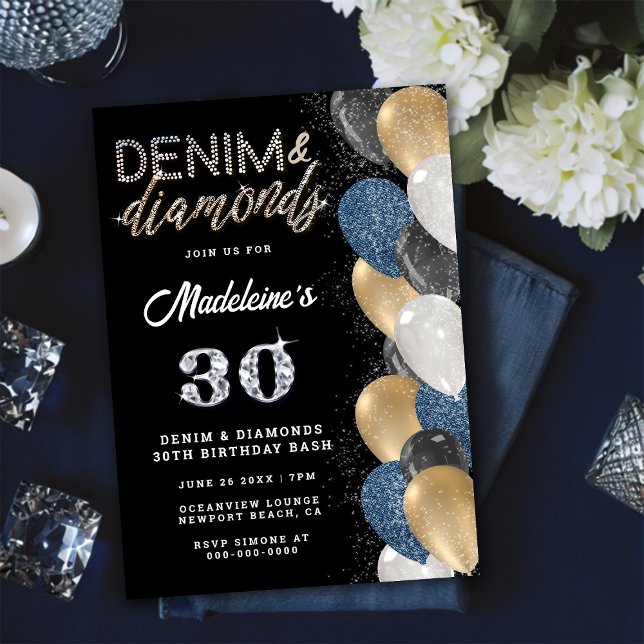 Denim Diamonds Bling Balloons Black Birthday Party Einladung (Von Creator hochgeladen)