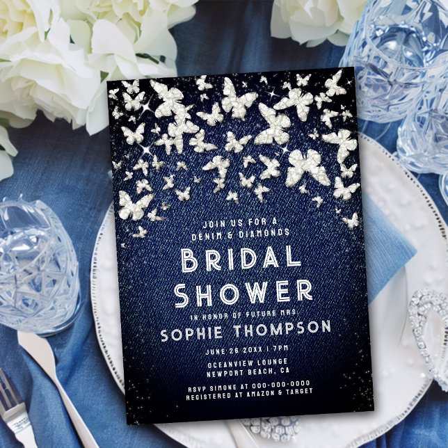 Denim Diamonds Bling Butterflies Brautparty Einladung (Von Creator hochgeladen)