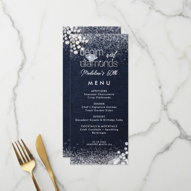Denim Diamonds Bling Classy Elegant Birthday Party Menükarte (Vorderseite/Rückseite Beispiel)