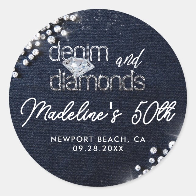 Denim Diamonds Bling Classy Elegant Party Custom Runder Aufkleber (Vorderseite)