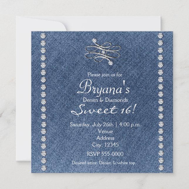 Denim Diamonds Bling Emblem Sweet 16 Invitation (Devant)