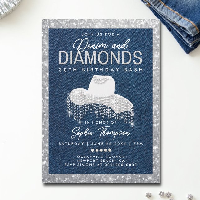Denim Diamonds Bling Frame 30. Geburtstag Party Einladung (denim and diamonds invitations 30th 50th sweet 16 elegant classy blue white bling frame template)