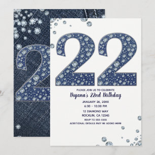 Denim & Diamonds Bling Glitzer 22 22. Geburtstag Einladung