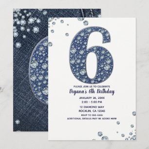 Denim & Diamonds Bling Glitzer 6. 6. Geburtstag Einladung