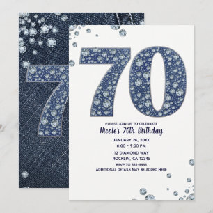 Denim & Diamonds Bling Glitzer 70ER 70. Geburtstag Einladung