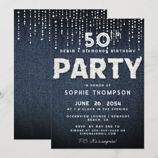 Denim Diamonds Bling Glitzer Classy Birthday Party Einladung (Vorne/Hinten)