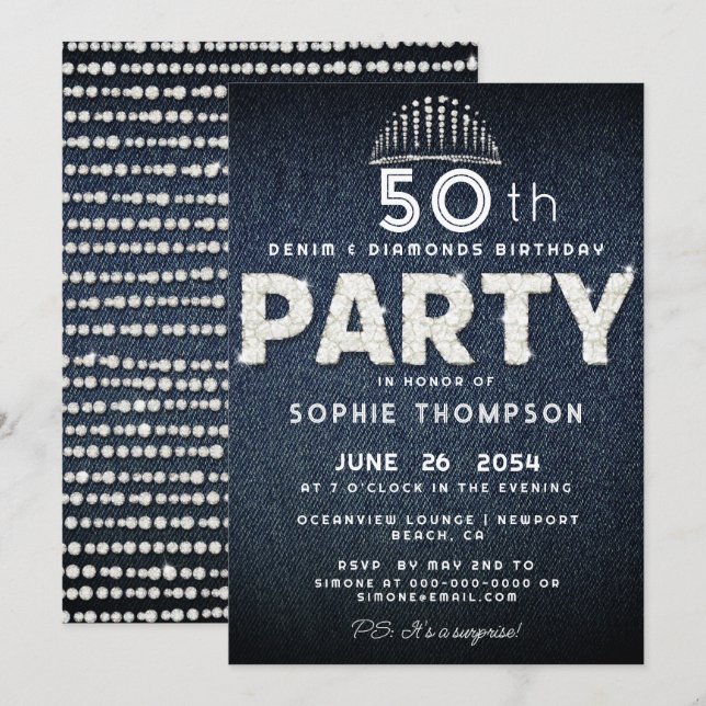 Denim Diamonds Bling Glitzer Tiara Birthday Party Einladung (Vorne/Hinten)