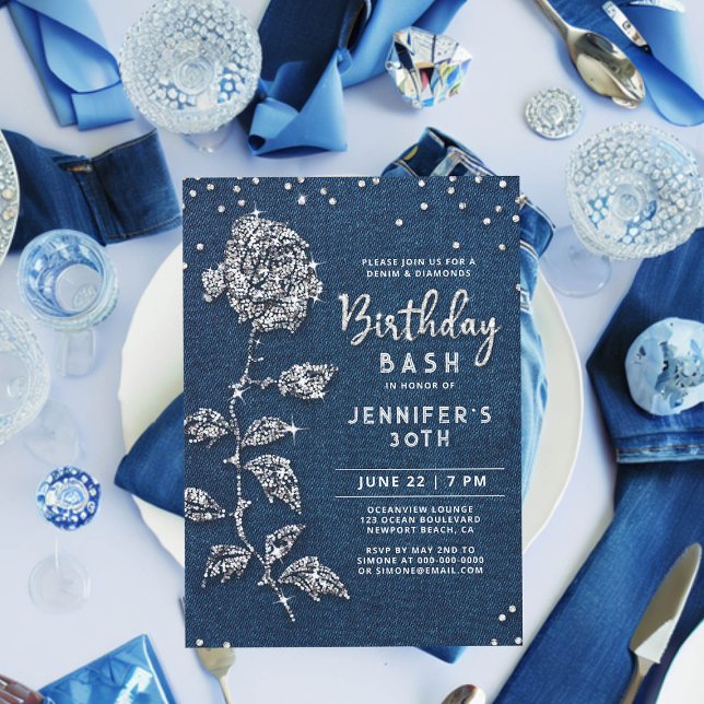 Denim Diamonds Bling Rose Blue Jeans 30. Geburtsta Einladung (denim and diamonds birthday invitation 30th women bling rose rhinestones glitter glitz glam chic)