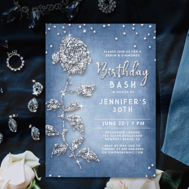 Denim Diamonds Bling Rose White Blue 30. Geburtsta Einladung (denim and diamonds birthday invitation 30th women bling rose rhinestones glitter glitz glam classy)