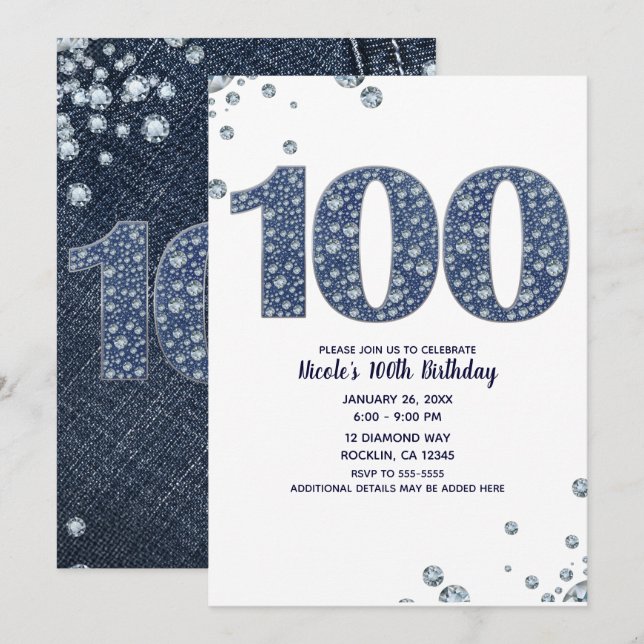 Denim & Diamonds Bling Sparkle 100. 100 Geburtstag Einladung (Vorne/Hinten)