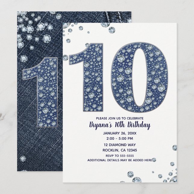 Denim & Diamonds Bling Sparkle 10. 10 Geburtstag Einladung (Vorne/Hinten)
