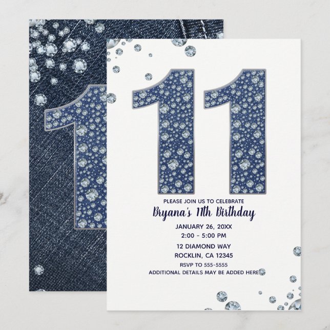 Denim & Diamonds Bling Sparkle 11. 11 Geburtstag Einladung (Vorne/Hinten)