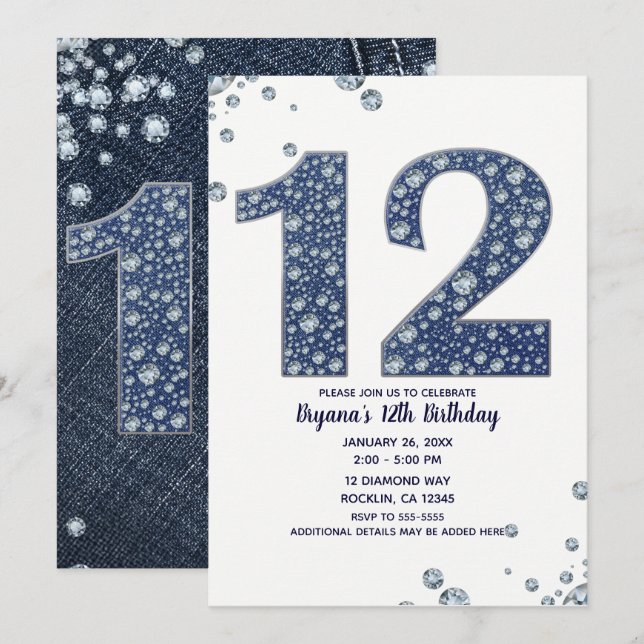 Denim & Diamonds Bling Sparkle 12. 12 Geburtstag Einladung (Vorne/Hinten)
