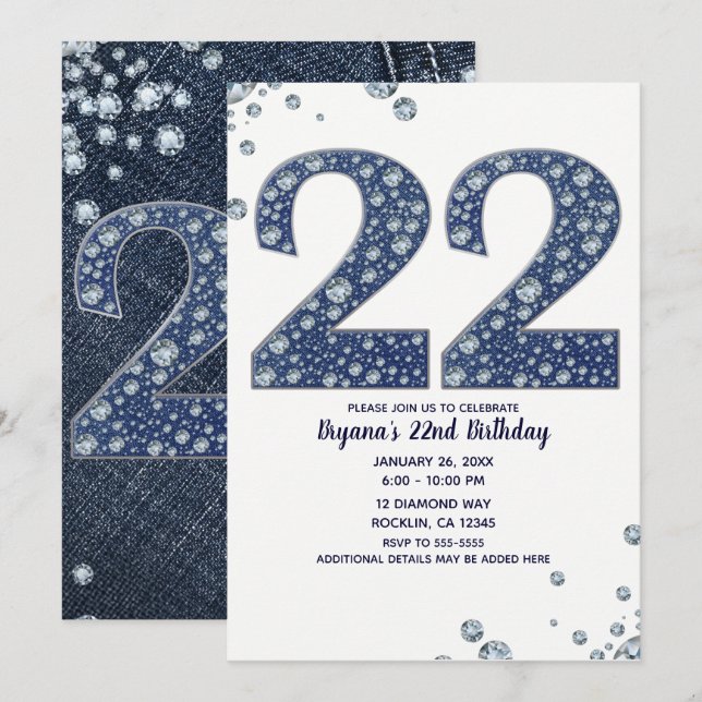 Denim & Diamonds Bling Sparkle 22. Geburtstag Einladung (Vorne/Hinten)