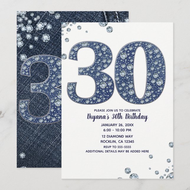 Denim & Diamonds Bling Sparkle 30. 30 Geburtstag Einladung (Vorne/Hinten)