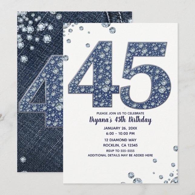 Denim & Diamonds Bling Sparkle 45. 45 Geburtstag Einladung (Vorne/Hinten)