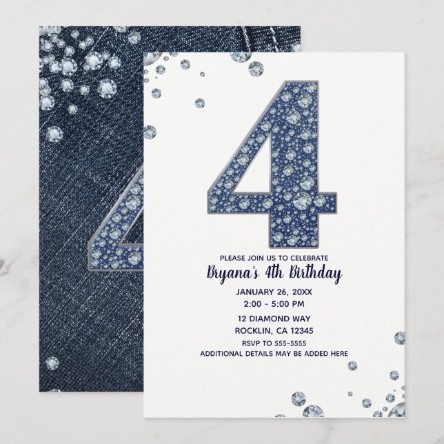 Denim & Diamonds Bling Sparkle 4. 4. Geburtstag Einladung (Vorne/Hinten)