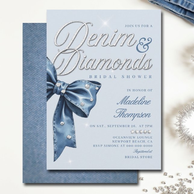 Denim Diamonds Blue Bow Chic Glam Brautparty Einladung (denim and diamonds bridal shower ideas invitation elegant bow classy script blue white template)