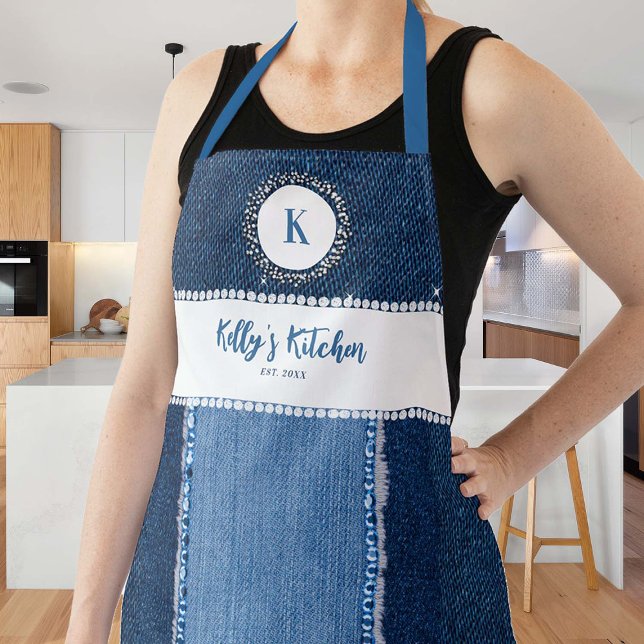 Denim Diamonds Blue Country Custom Monogram Gift Schürze (denim diamonds apron personalized gift bridal bachelorette mom grandma hostess country western chic)