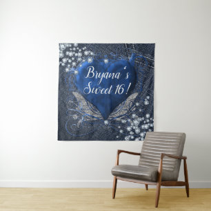 Denim Diamonds Blue Heart Birthday Party Hintergru Wandteppich