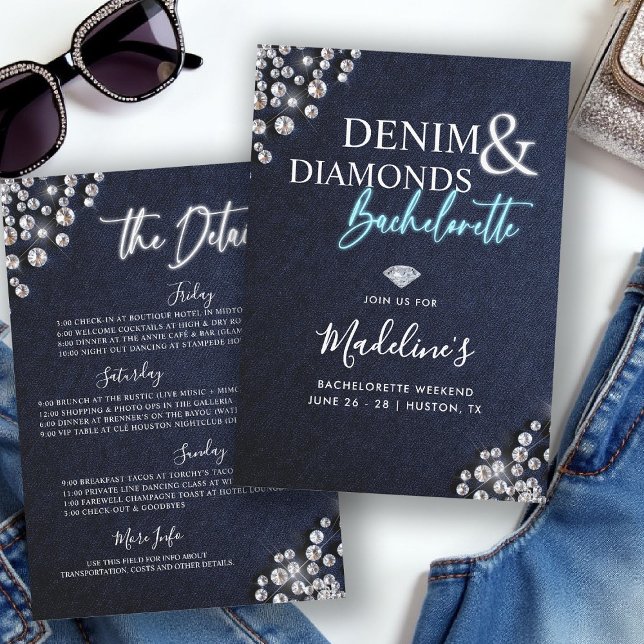 Denim Diamonds Blue White Bachelorette Itinerary Einladung (denim diamonds bachelorette party itinerary invitation glowing calligraphy modern classy stylish)
