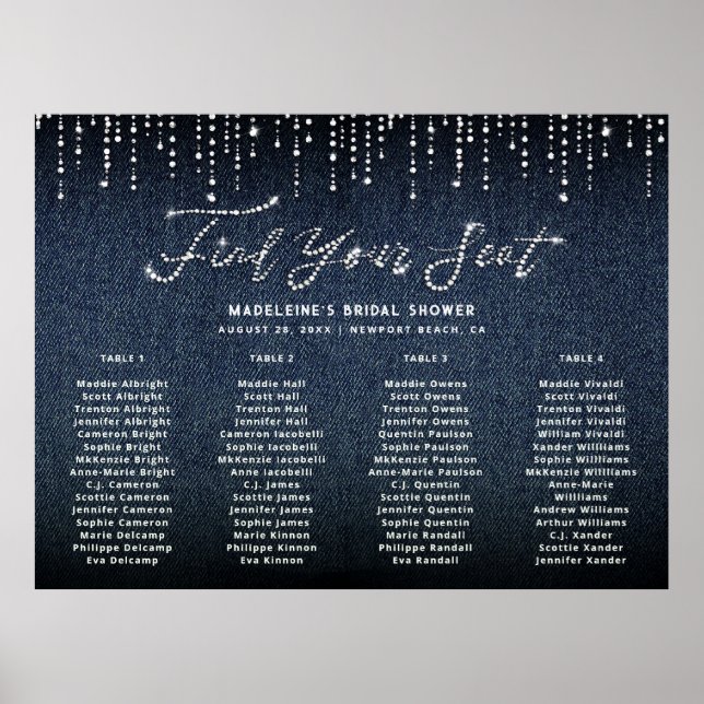 Denim Diamonds Brautparty Chic Seekarte Poster (Vorne)