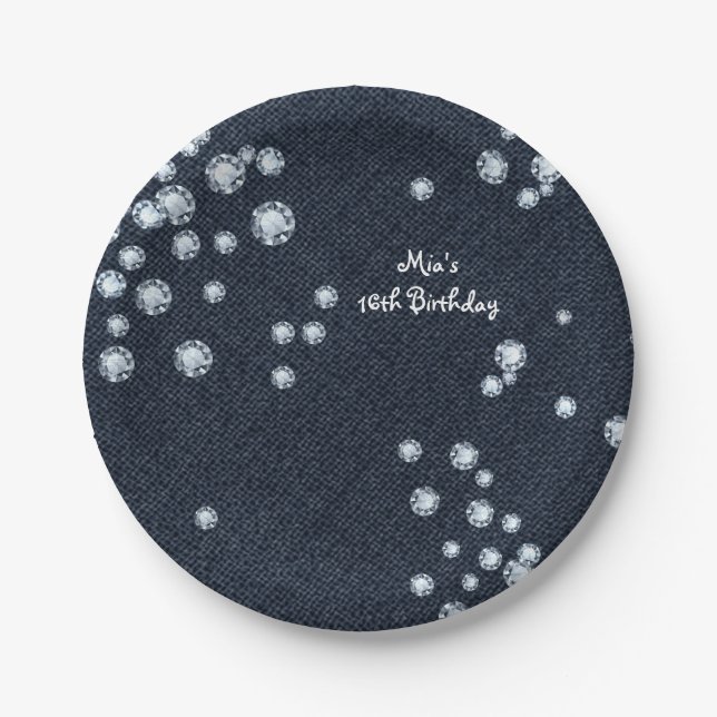 Denim & Diamonds Chic Elegante Bling Party Teller (Vorderseite)