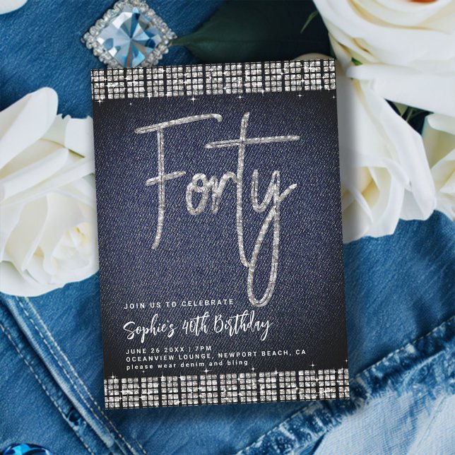 Denim Diamonds Classy Bling 40. Geburtstag Party Einladung (denim and diamonds 40th birthday invitation classy modern elegant rhinestones calligraphy blue jeans)