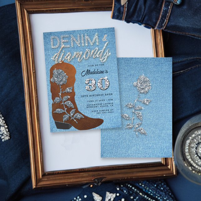 Denim Diamonds Cowgirl Bling Jeans Birthday Party Einladung (Denim and Diamonds Copper Cowgirl Boot 30th Birthday Party Invitation for Women Bling Rose Elegant)