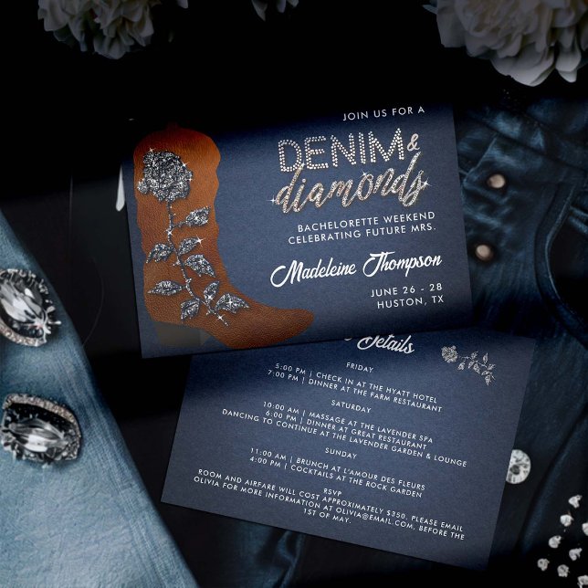 Denim Diamonds Cowgirl Boot Bachelorette Itinerary Einladung (denim and diamonds bachelorette party weekend itinerary classy bling cowgirl boot blue jeans theme)