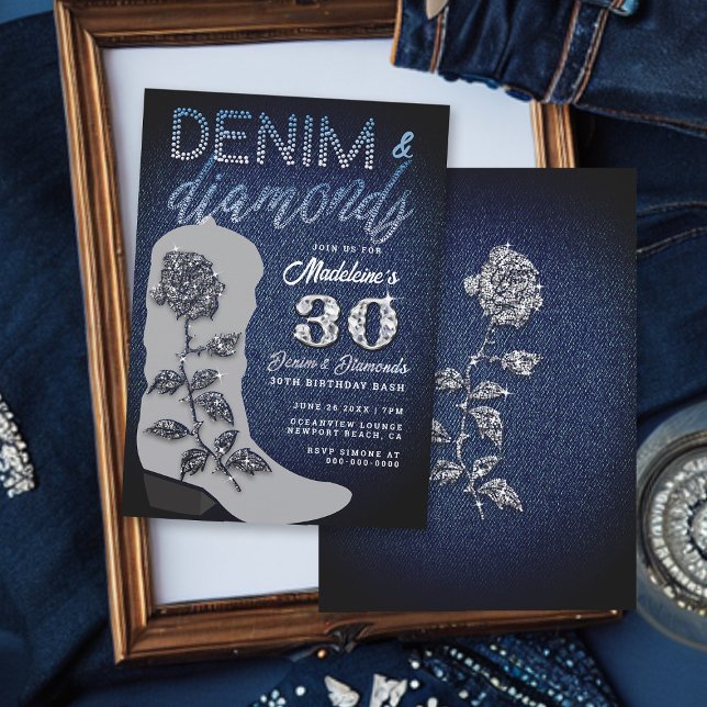 Denim Diamonds Cowgirl Boot Bling Birthday Party Einladung (Denim and Diamonds 30th Birthday Party Invitation for Women Cowgirl Boot Elegant Classy Rose)