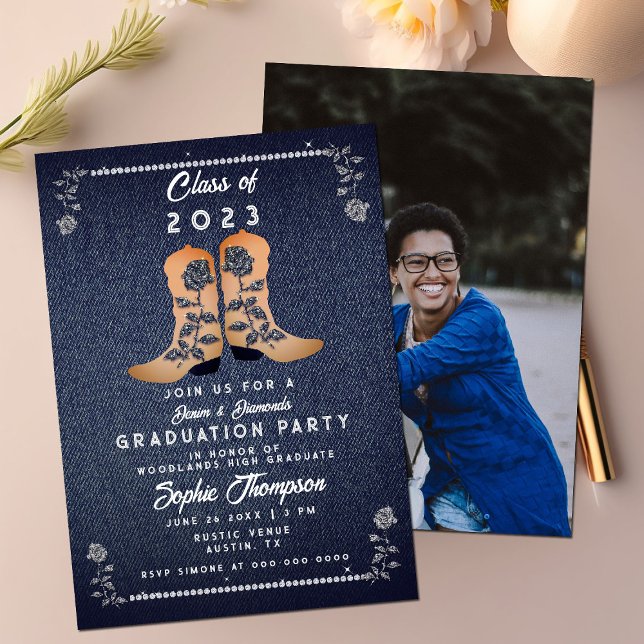 Denim Diamonds Cowgirl Boot Foto Graduation Party Einladung (Von Creator hochgeladen)