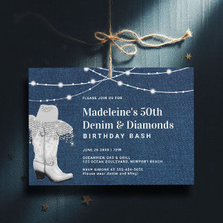 Denim Diamonds Cowgirl Boot Hat Glam 50. Geburtsta Einladung