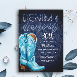 Denim Diamonds Cowgirl Boot Rustic Geburtstagspart Einladung