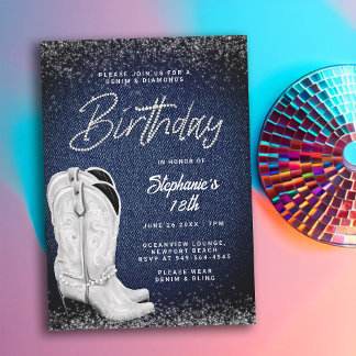 Denim Diamonds Cowgirl Boots Bling 18. Geburtstag Einladung