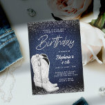 Denim Diamonds Cowgirl Boots Bling 40. Geburtstag Einladung<br><div class="desc">Eine moderne, elegante und schicke Party Einladung zum 40. Geburtstag für Frauen mit einem Denim- und Diamantenthema. Es ist mit einem denim Hintergrund, einem weißen, erklärenden Paar Cowgirl Stiefel in Acrylmalerei und Typografie in weiß, mit dem Wort "Geburtstag" in der modernen Kalligraphie und einem Nashörner-Effekt (das ist ein digitaler Effekt)....</div>