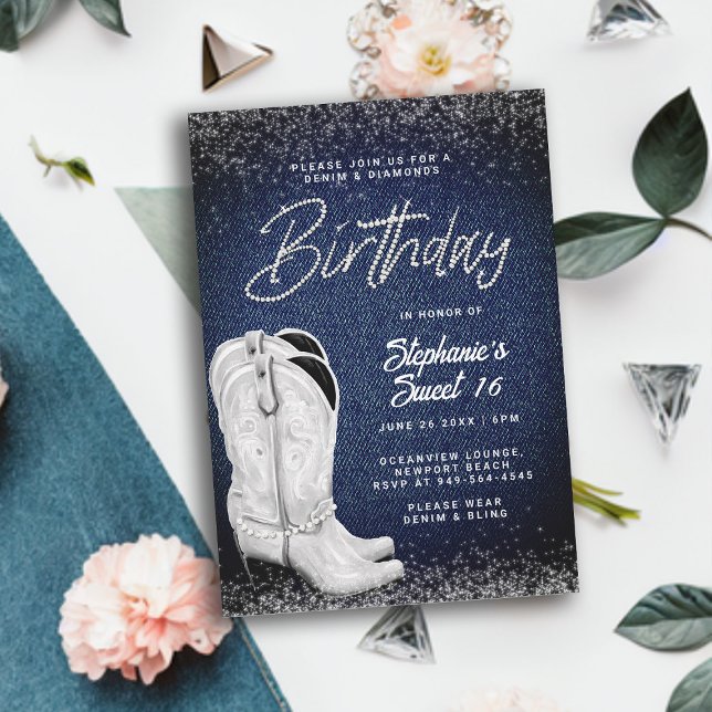 Denim Diamonds Cowgirl Boots Bling Sweet 16 Einladung (denim and diamonds sweet 16 birthday invitation girls cowgirl boots country western party elegant)