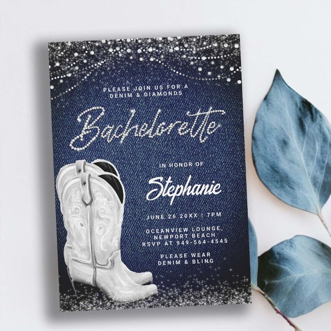 Denim Diamonds Cowgirl Boots Country Bachelorette Einladung (denim and diamonds bachelorette party invitation white cowgirl boots classy ladies night out country)