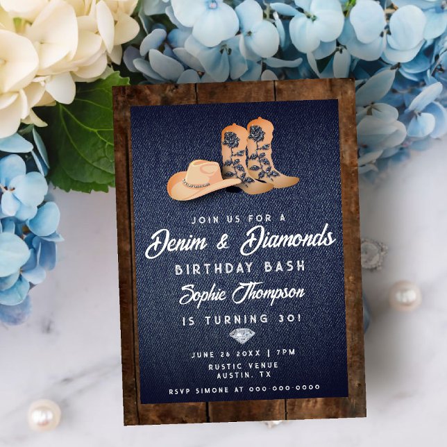 Denim Diamonds Cowgirl Boots Hat Birthday Party Einladung (denim diamonds birthday party invitation rustic wood blue white cowgirl chic boots hat bling)