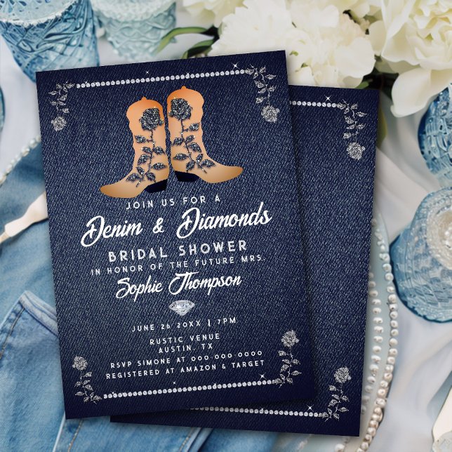 Denim Diamonds Cowgirl Boots Rose Brautparty Einladung (Von Creator hochgeladen)